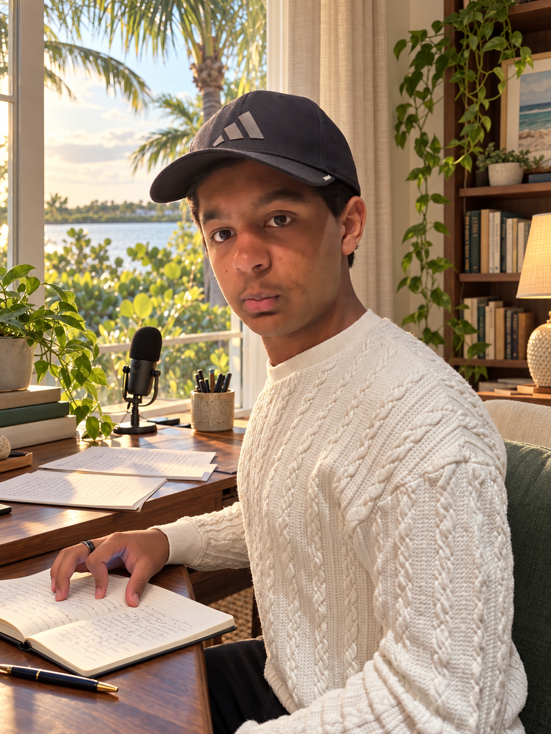 Princeton Bryan seated at a writing desk in a Florida-inspired studio with palms and water beyond the window